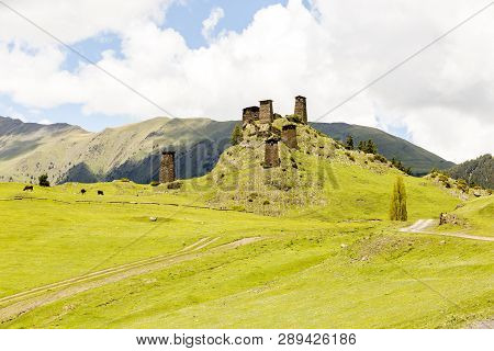 Watchtower Made Of Shale Stone. Kvemo (upper) Omalo In Georgian Caucasus In Tusheti Region