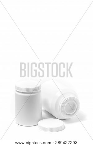 Two Medicine White Pill Bottle Isolated On White Background. Drugs, Illustrations.