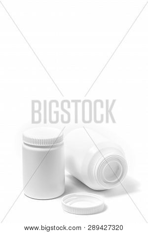 Two Medicine White Pill Bottle Isolated On White Background. Drugs, Illustrations.