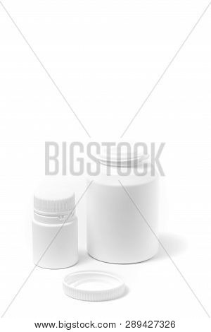 Two Medicine White Pill Bottle Isolated On White Background. Drugs, Illustrations.