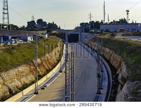 Underpass And Tunnel For The Construction Of A New Railway Line. Detail Of Sewage And Metal Lattice 