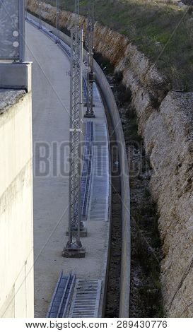 Underpass And Tunnel For The Construction Of A New Railway Line. Detail Of Sewage And Metal Lattice 