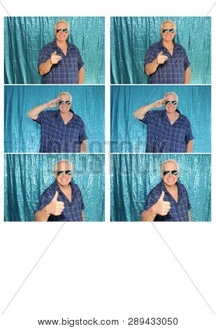 Man in a Photo Booth. A Man smiles and poses for photos to be taken in a photo booth. Photo Booth photo strips with a blue background.
