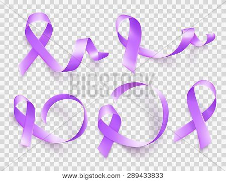 Set Of Realistic Purple Ribbons Symbol Of World Epilepsy Day. March 26. Vector.