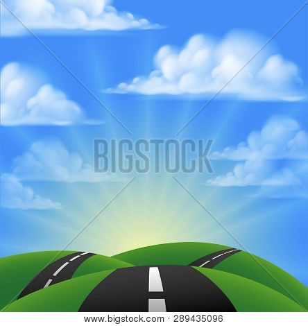 Cartoon Road Going Over Hills Into The Sunset Or Sunrise