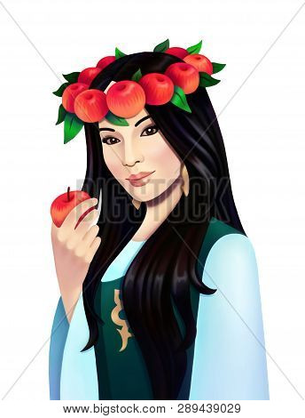 Digital Portrait Of Asian Girl In Traditional Costume With Apple Wreath
