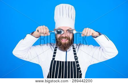 Lets Try Dish. Hungry Chef Ready To Try Food. Time To Try Taste. Chef Happy Smiling Face Hold Spoon 