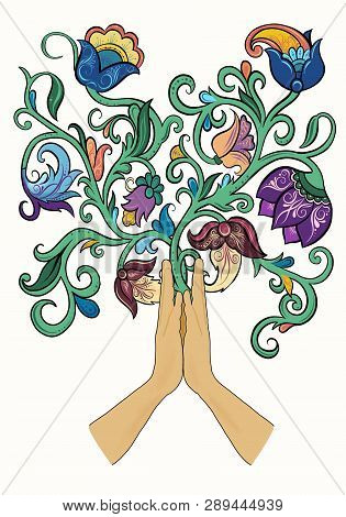 Namaste Hands With Floral Ornament On White Background