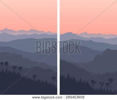 Set Of Vertical Big Banners With Forest Hills And High Mountains Range With Pink Sky.