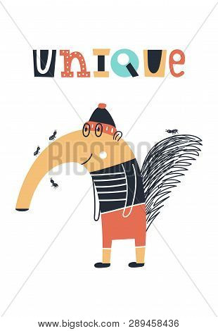Unique - Cute Kids Hand Drawn Nursery Poster With Ant-eater Animal And Lettering.
