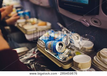 Hong Kong- November 10, 2018: Tray With Delicious Healthy Food On The Plane, Business Class Travel. 