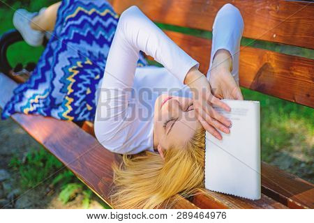 Boring Literature. Prepare For Test. Woman Tired Face Take Break Relaxing In Garden Reading Book. La