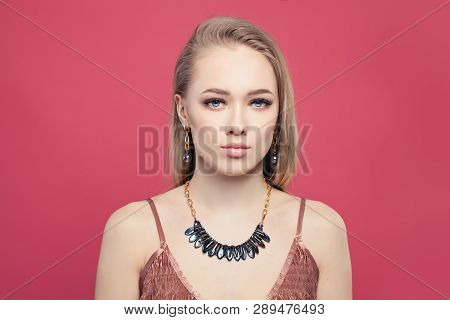 Young Perfect Blonde Woman With Gold Jewelry Chain Necklace With Hematite Stones, Fashion Portrait O