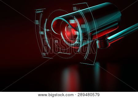 Security Surveillance Camera With Interface Or Hud Around It On An Even Background. 3d Rendering