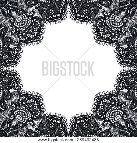 Elegant Background From Black Guipure On A White Basis. Lace Frame. Square Shape. Vintage Style.