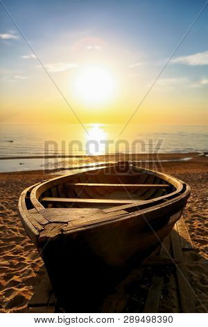 Sunset At The Beach Saulkrasti Located Near The Latvian Capital Riga. The View Of The Rigas Bay.