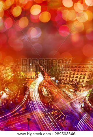 Aerial view of Glorieta de Bilbao in Madrid with a glittery hazy effect