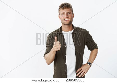 I Approve. Portrait Of Satisfied Good-looking Charismatic Sexy European Man With Blue Eyes, Mascules