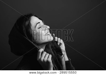 Young Woman Portrait. Enoying Freedom. Smiling Female With Closed Eyes. Black And White. Copy Space.