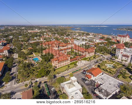 Aerial view of Ponce de Leon Hall of Flagler College in St. Augustine, Florida, USA. The Ponce de Leon Hall with Spanish Colonial Revival style is a US National Historic Landmark.