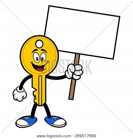 Key Mascot With A Sign - A Vector Cartoon Illustration Of A Car Key Mascot Holding A Blank Sign.