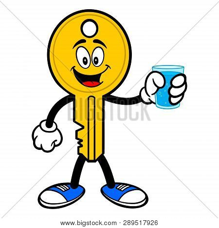 Key Mascot With A Glass Of Water - A Vector Cartoon Illustration Of A Car Key Mascot Holding A Glass