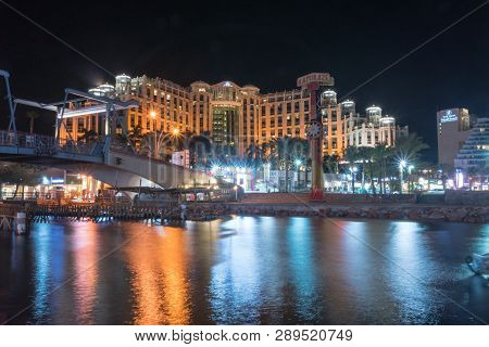 Eilat, Israel - February 9, 2019: Queen Of Sheba At Night In Eilat Resort.