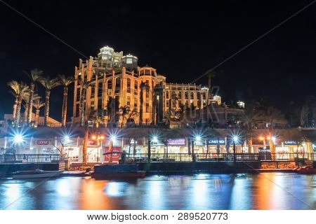 Eilat, Israel - February 9, 2019: Night View Of Queen Of Sheba In Eilat Resort.
