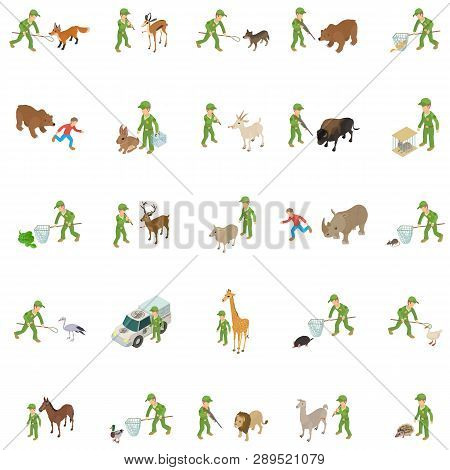 Capture Wild Animal Icons Set. Isometric Set Of 25 Capture Wild Animal Of Past Vector Icons For Web 