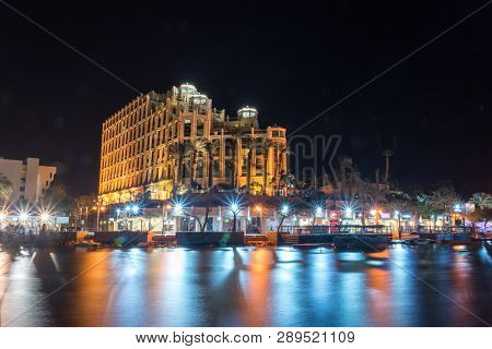 Eilat, Israel - February 9, 2019: Hotel Queen Of Sheba At Night In Eilat Resort.