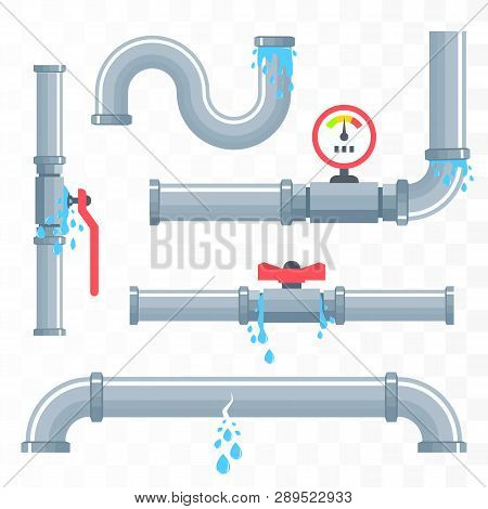 Leaking Pipes. Broken Pipeline Isolated On White. Vector Illustration