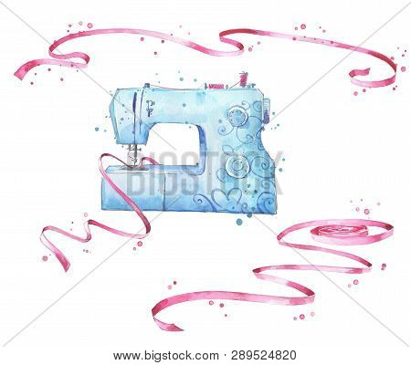 Sewing Machine And Ribbons Watercolor Illustration Isolated On White