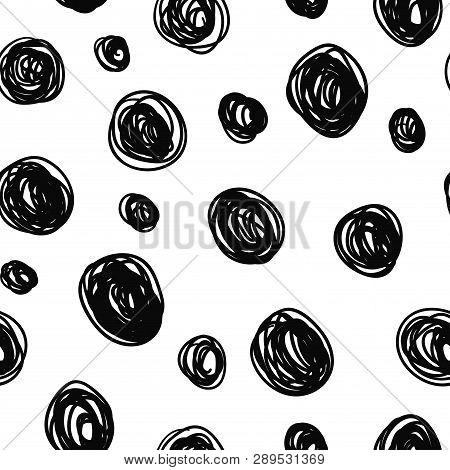 Geometrical Background With Scribble Uneven Circles. Abstract Round Seamless Pattern. Messy Hand Dra
