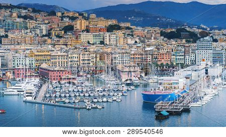 Aerial Panoramic View Of The Historic Centre And The Port Of Genoa, Italy