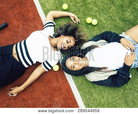Young Pretty Girlfriends Hanging On Tennis Court, Fashion Stylish Dressed Swag, Best Friends Happy S