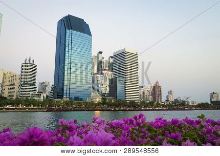 Bangkok Thailand - 14 Mar 2019: Lake Ratchada Complex In The Benjakitti Park With Modern Buildings I