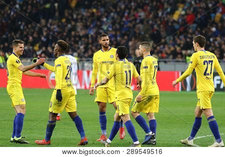 Kyiv, Ukraine - March 14, 2019: Chelsea Players Celebrate After Scored A Goal During The Uefa Europa