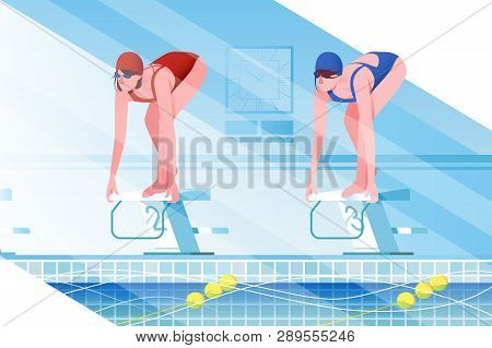Flat Young Woman Silhouette With Sport Swimsuit In Swimming Pool. Concept Girl Characters Compete In