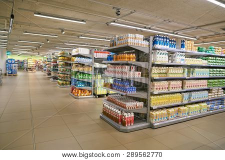 ZURICH, SWITZERLAND - CIRCA OCTOBER, 2018: interior shot of Migros supermarket in Zurich International Airport. Migros is Switzerland's largest retail company.