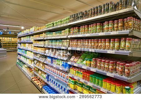 ZURICH, SWITZERLAND - CIRCA OCTOBER, 2018: interior shot of Migros supermarket in Zurich International Airport. Migros is Switzerland's largest retail company.