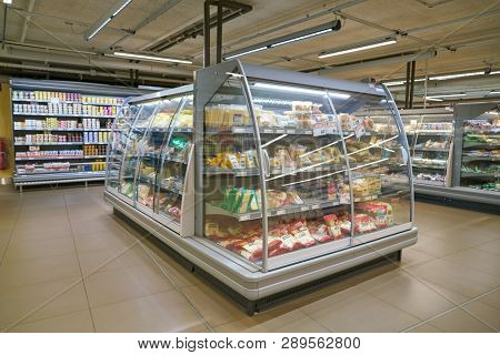 ZURICH, SWITZERLAND - CIRCA OCTOBER, 2018: interior shot of Migros supermarket in Zurich International Airport. Migros is Switzerland's largest retail company.