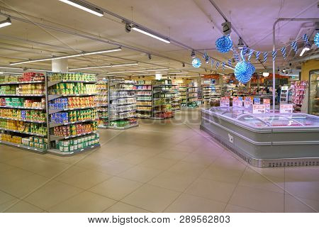 ZURICH, SWITZERLAND - CIRCA OCTOBER, 2018: interior shot of Migros supermarket in Zurich International Airport. Migros is Switzerland's largest retail company.