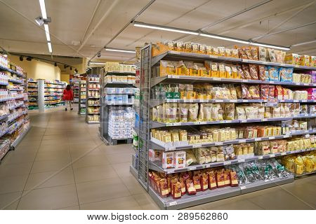 ZURICH, SWITZERLAND - CIRCA OCTOBER, 2018: interior shot of Migros supermarket in Zurich International Airport. Migros is Switzerland's largest retail company.