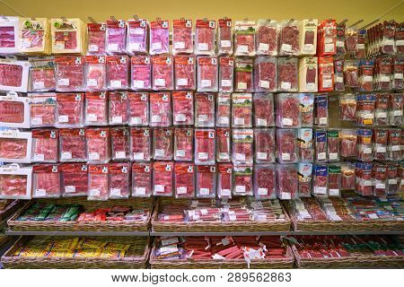ZURICH, SWITZERLAND - CIRCA OCTOBER, 2018: interior shot of Migros supermarket in Zurich International Airport. Migros is Switzerland's largest retail company.