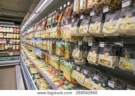 ZURICH, SWITZERLAND - CIRCA OCTOBER, 2018: interior shot of Migros supermarket in Zurich International Airport. Migros is Switzerland's largest retail company.