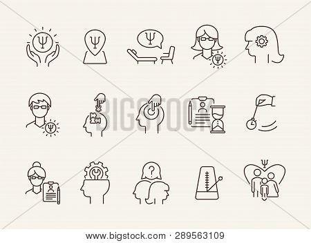 Mental Science Line Icon Set. Patient, Psychologist, Brain Work. Psychology Concept. Can Be Used For