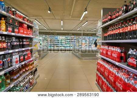 ZURICH, SWITZERLAND - CIRCA OCTOBER, 2018: interior shot of Migros supermarket in Zurich International Airport. Migros is Switzerland's largest retail company.