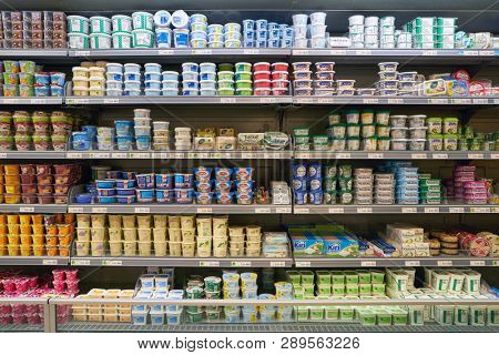 ZURICH, SWITZERLAND - CIRCA OCTOBER, 2018: interior shot of Migros supermarket in Zurich International Airport. Migros is Switzerland's largest retail company.