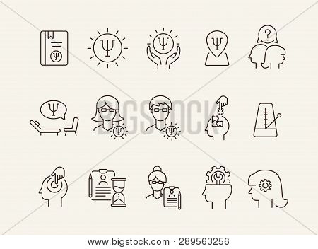 Psychology Line Icon Set. Man, Woman, Head, Gear. Mental Science Concept. Can Be Used For Topics Lik