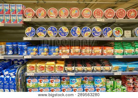 ZURICH, SWITZERLAND - CIRCA OCTOBER, 2018: interior shot of Migros supermarket in Zurich International Airport. Migros is Switzerland's largest retail company.